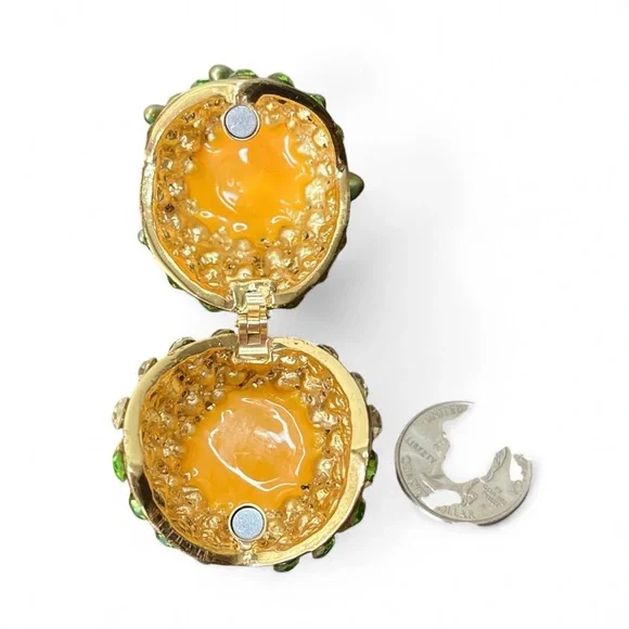 Hawaiian Pineapple Trinket Box Rhinestone Enameled Magnetic Closure Green - Picture 10 of 11